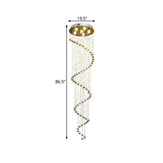 Contemporary Crystal Gold Pendant With Led Spiral 6-Head Multi Light Hanging Lamp