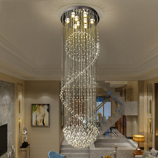 Modern Black Crystal Pendant With Clear Orbs And Rods - 9-Bulb Led Ceiling Fixture For Staircase