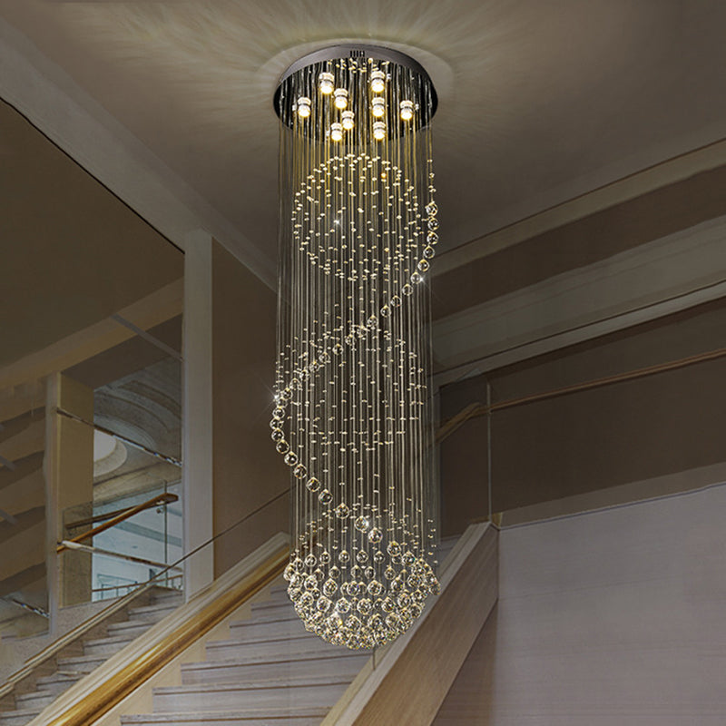 Modern Black Crystal Pendant With Clear Orbs And Rods - 9-Bulb Led Ceiling Fixture For Staircase