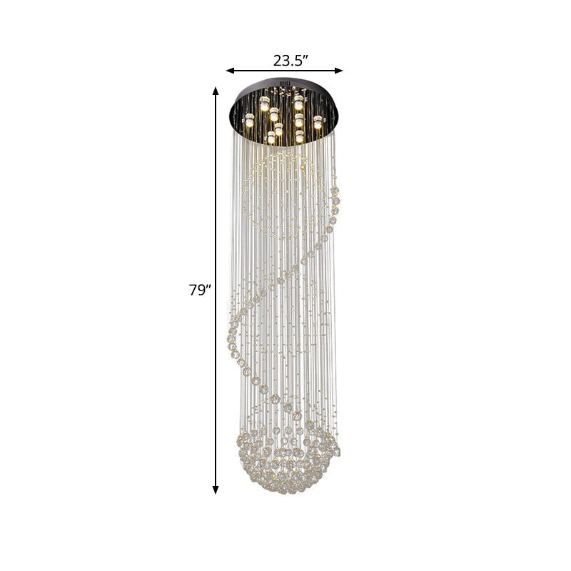 Modern Black Crystal Pendant With Clear Orbs And Rods - 9-Bulb Led Ceiling Fixture For Staircase