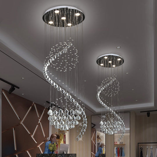Contemporary Clear Crystal Spiral Pendant With 5 Led Lights - Stylish Living Room Hanging Lamp
