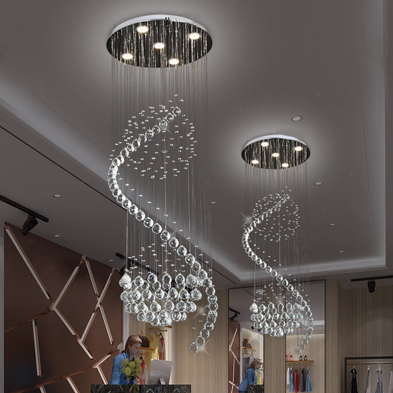 Contemporary Clear Crystal Spiral Led Pendant Light With 5 Multi-Lights - Ideal For Living Room