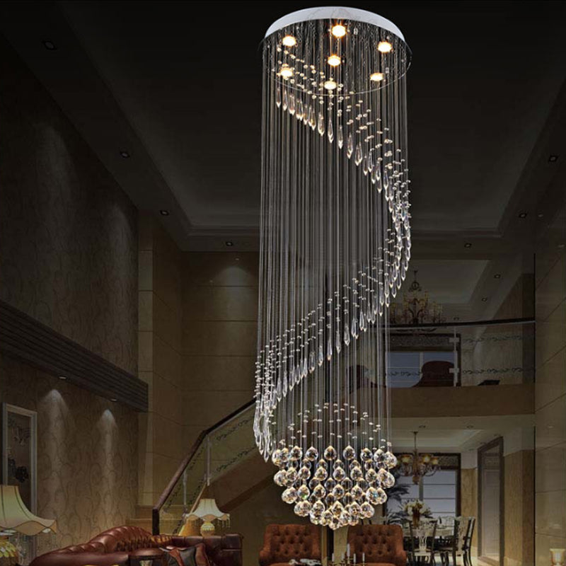 Sleek Silver Spiral Cluster Pendant Lamp - Clear Crystal 7-Light Led Ceiling Fixture
