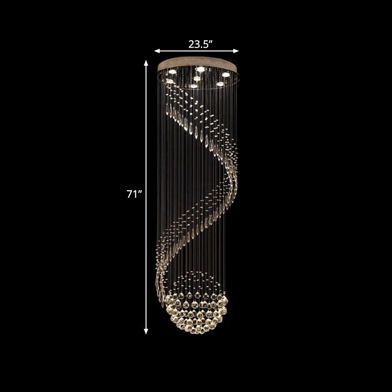 Minimalist Crystal Cluster Pendant Lamp - 7-Light Spiral Stair Silver Led Ceiling Light