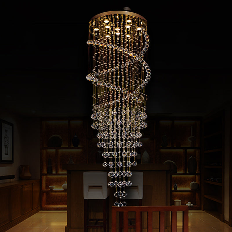 Modern 10-Head Spiral Hanging Lamp With Brass Finish Clear Crystals And Led Lights