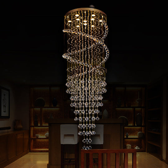 Modern 10-Head Spiral Hanging Lamp With Brass Finish Clear Crystals And Led Lights