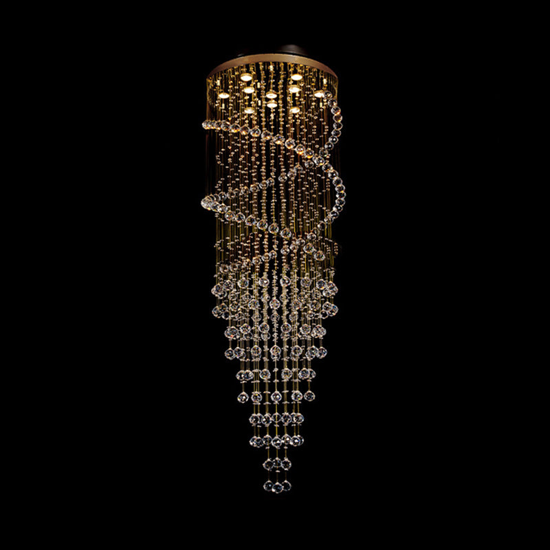 Modern 10-Head Spiral Hanging Lamp With Brass Finish Clear Crystals And Led Lights