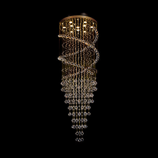 Modern 10-Head Spiral Hanging Lamp With Brass Finish Clear Crystals And Led Lights