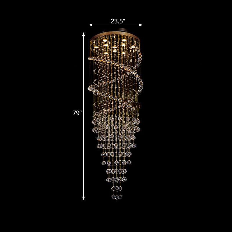 Modern 10-Head Spiral Hanging Lamp With Brass Finish Clear Crystals And Led Lights