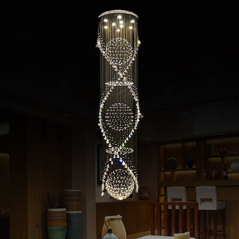 Modern Crystal Led Pendant Light With Twirling Waterfall Design And 9 Bulbs For Living Room Silver