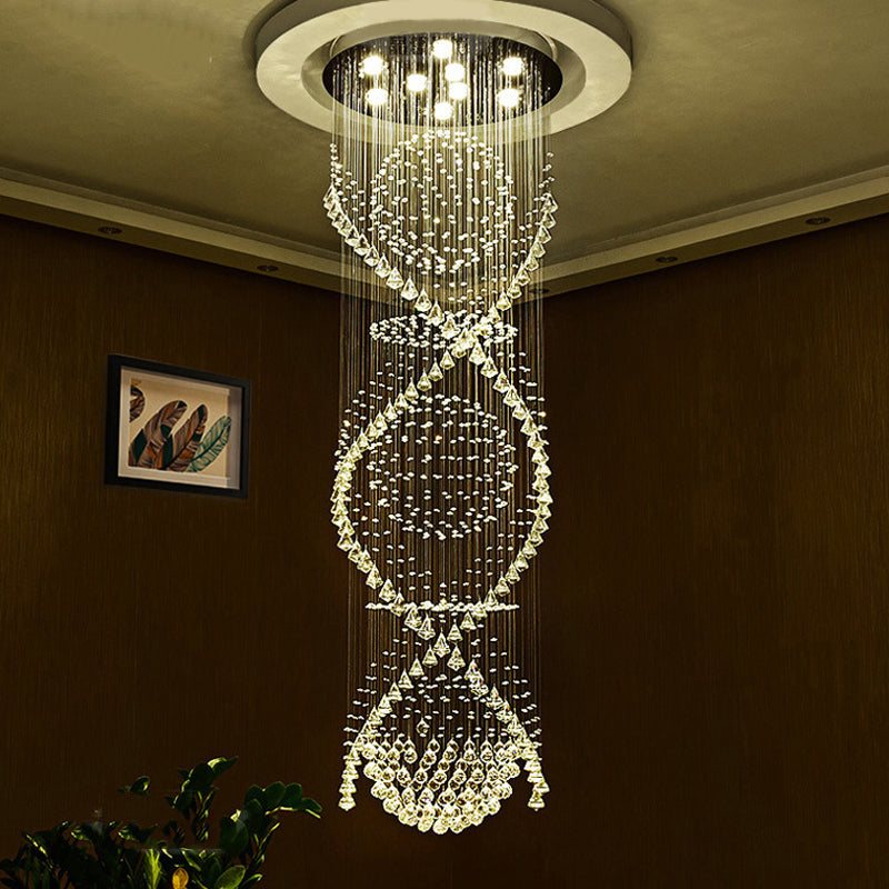 Modern Crystal Led Pendant Light With Twirling Waterfall Design And 9 Bulbs For Living Room