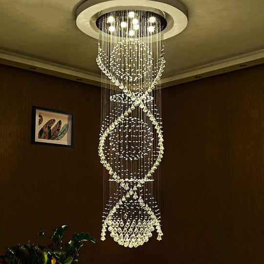 Modern Crystal Led Pendant Light With Twirling Waterfall Design And 9 Bulbs For Living Room