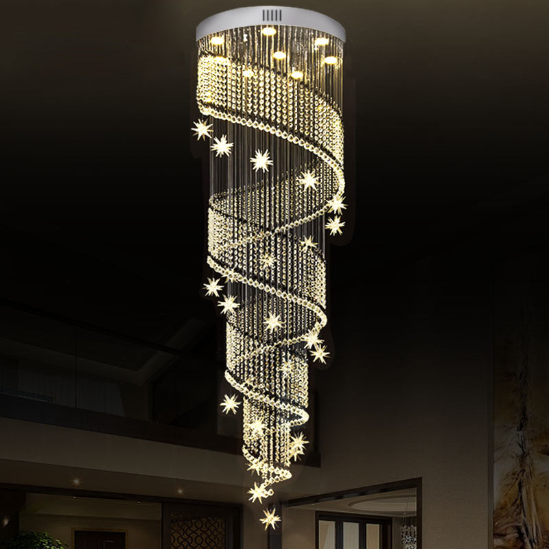 Modern Silver Led Cluster Pendant Light With Spiral Crystal Suspended Fixture- 9 Heads