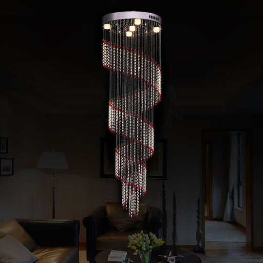 Spiral Cascade Hanging Lamp - Modern Silver With Clear And Red Crystal Led Pendant Set Of 5 Bulbs