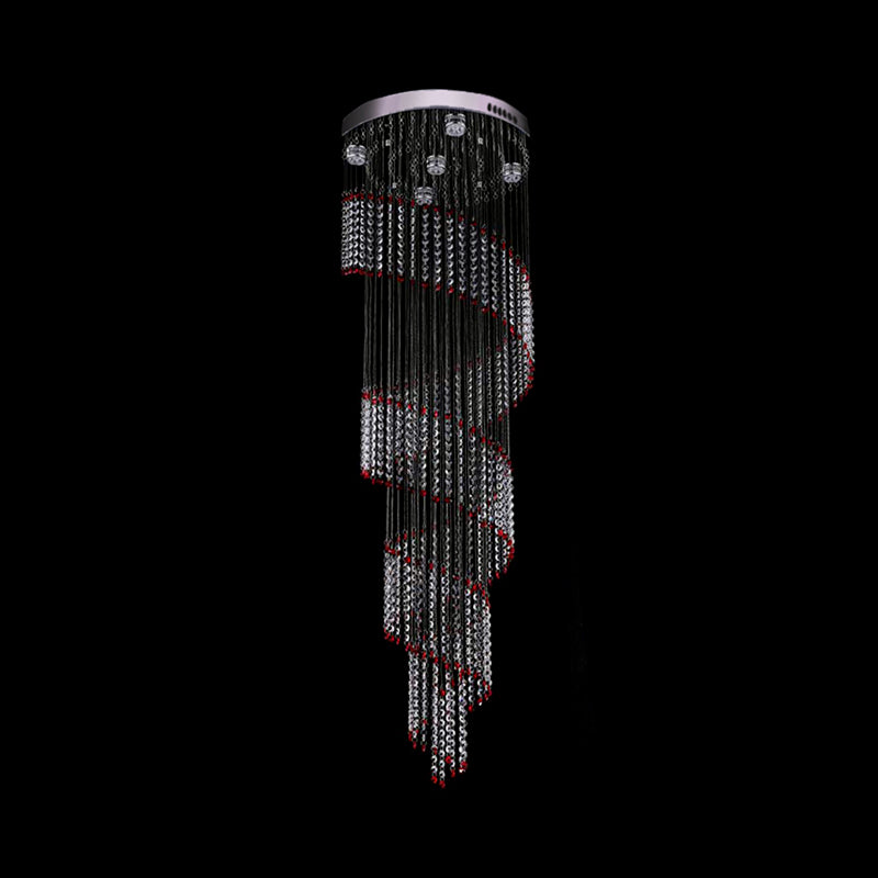 Spiral Cascade Hanging Lamp - Modern Silver With Clear And Red Crystal Led Pendant Set Of 5 Bulbs