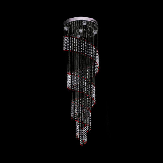 Spiral Cascade Hanging Lamp - Modern Silver With Clear And Red Crystal Led Pendant Set Of 5 Bulbs