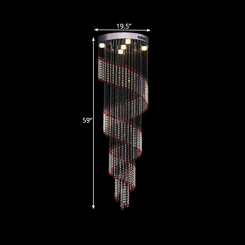 Spiral Cascade Hanging Lamp - Modern Silver With Clear And Red Crystal Led Pendant Set Of 5 Bulbs