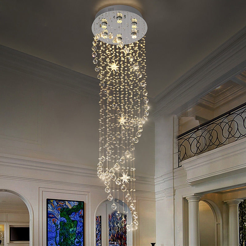Modern Crystal Silver Waterfall Pendant Light With Led 6 Head Ceiling Suspension Lamp