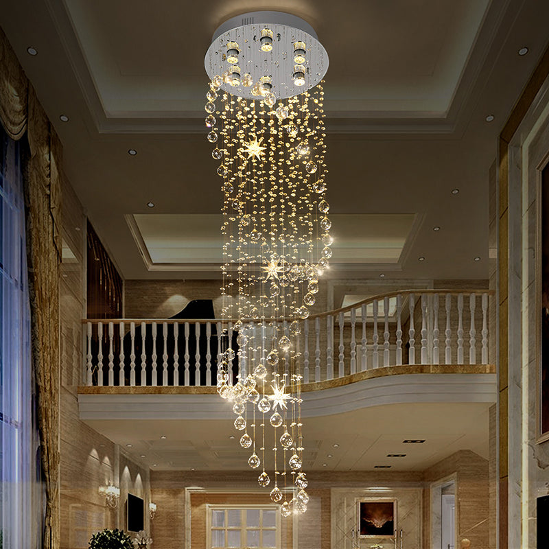 Modern Crystal Silver Waterfall Pendant Light With Led 6 Head Ceiling Suspension Lamp
