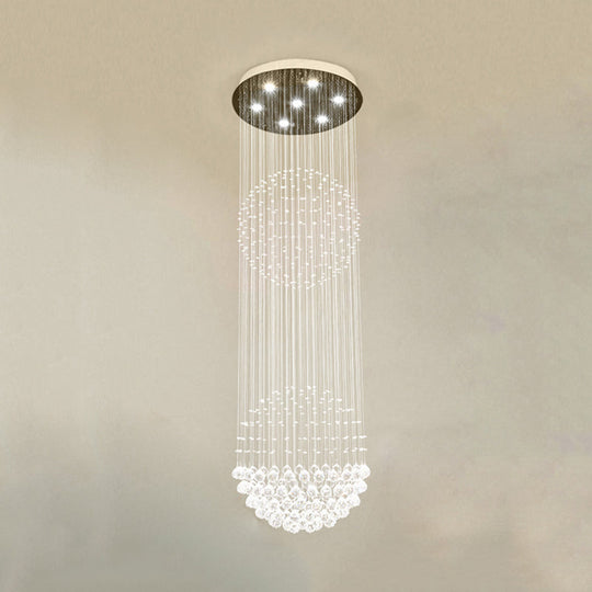 Modern Led Pendant Lamp With 7 Crystals For Stairway - Clear White Cascading Design