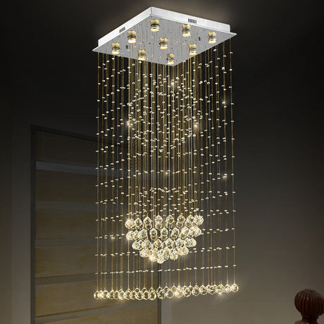 Crystal Led Waterfall Pendant Light With 9 Bulbs In Modern Silver Design