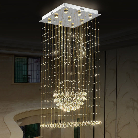 Modern Crystal Led Waterfall Pendant Light - 9-Bulb Silver Ceiling Lamp With Square Canopy
