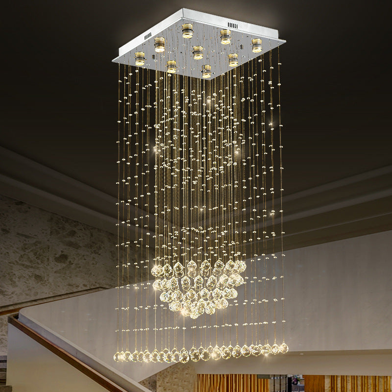 Modern Crystal Led Waterfall Pendant Light - 9-Bulb Silver Ceiling Lamp With Square Canopy