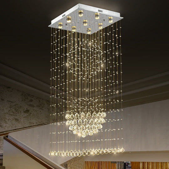 Modern Crystal Led Waterfall Pendant Light - 9-Bulb Silver Ceiling Lamp With Square Canopy