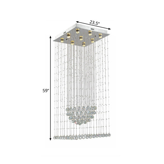 Modern Crystal Led Waterfall Pendant Light - 9-Bulb Silver Ceiling Lamp With Square Canopy