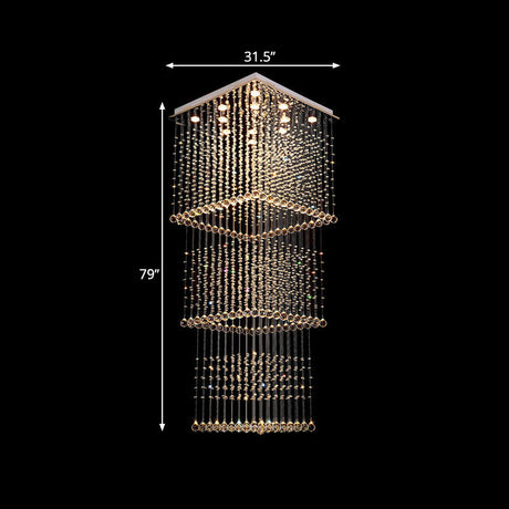 Silver Crystal Square Hanging Light - Minimalist Led Multi Lamp Pendant With 13 Bulbs For Stairs