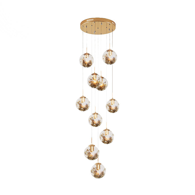 Contemporary Gold Ball Chandelier With Amber Dimpled Glass Pendant Bulbs - 10-Bulb Multi-Light For