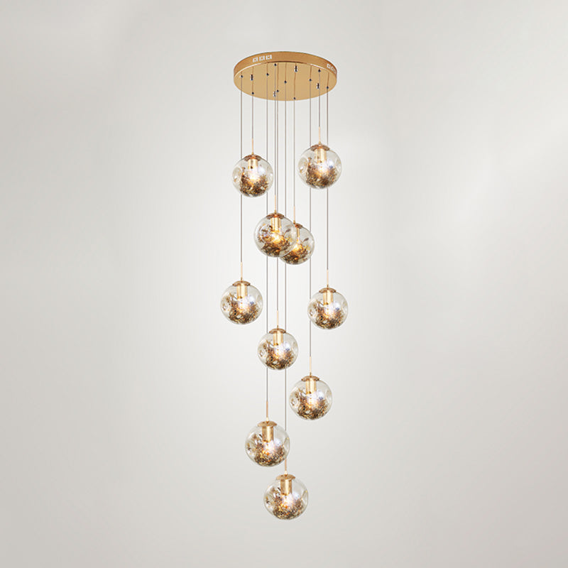 Contemporary Gold Ball Chandelier With Amber Dimpled Glass Pendant - 10 Bulbs Multi-Light For