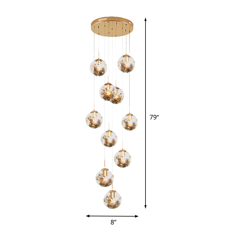 Contemporary Gold Ball Chandelier With Amber Dimpled Glass Pendant - 10 Bulbs Multi-Light For