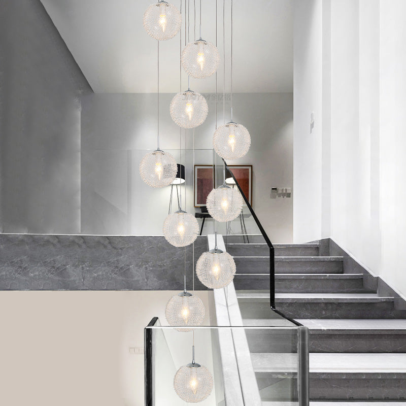 Modern Global Clear Glass Led Pendant Light With 10 Heads For Stairs In White