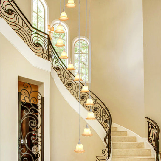 Modern White Glass Flower Multi Pendant Ceiling Lamp With Spiral Design - 12 Lights For Stairs