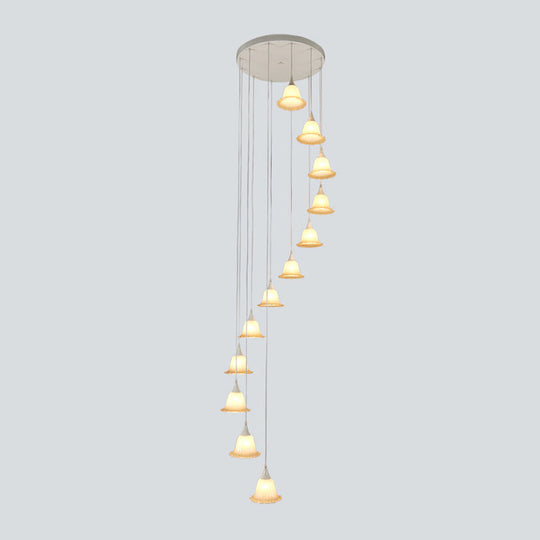 Modern White Glass Flower Multi Pendant Ceiling Lamp With Spiral Design - 12 Lights For Stairs