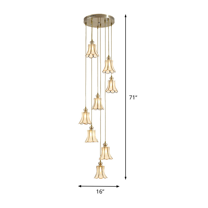 Minimalist Opal Frosted Glass 8-Light Gold Flower Stair Pendant Lamp