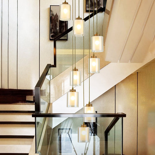 Modernist Glass Multi Lamp Pendant - 8 Heads Clear And White Cylinder Design