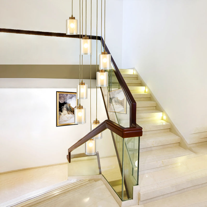 Modernist Glass Multi Lamp Pendant - 8 Heads Clear And White Cylinder Design