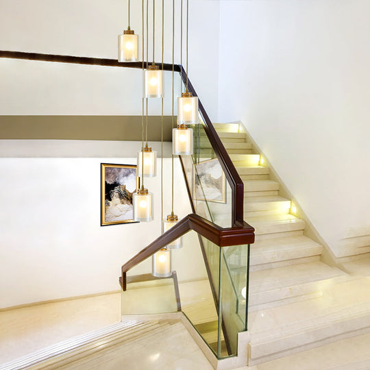 Modernist Glass Multi Lamp Pendant - 8 Heads Clear And White Cylinder Design