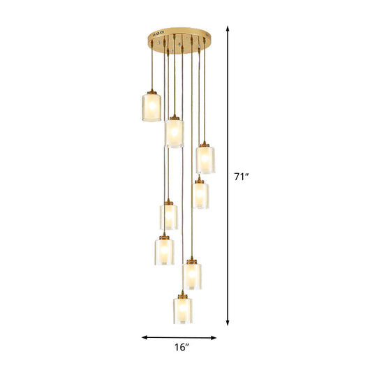 Modernist Cylinder Clear And White Glass Multi-Lamp Pendant With 8 Hanging Heads