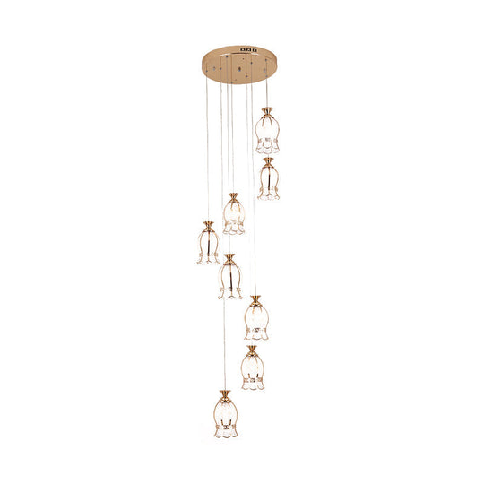 Modern 8-Light Flower Hanging Pendant Lamp With Brass Textured Glass Cluster