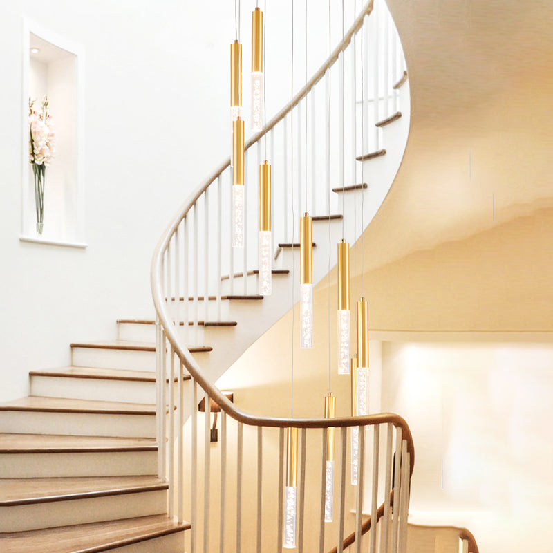 Modern Acrylic Gold Slim Tube Hanging Pendant Chandelier - 10 Lights Stair Multi Light Fixture