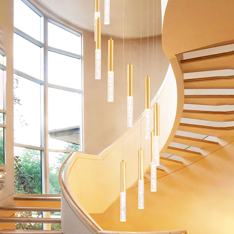 Modern Acrylic Gold Slim Tube Hanging Pendant Chandelier - 10 Lights Stair Multi Light Fixture