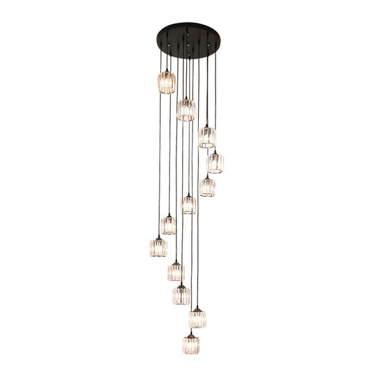 Contemporary Black Cylinder Crystal Pendant - 12 Light Hanging Lamp For Living Room
