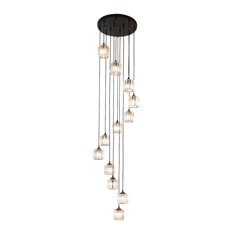 Contemporary Black Cylinder Crystal Pendant With 12 Lights - Perfect For Living Room Lighting