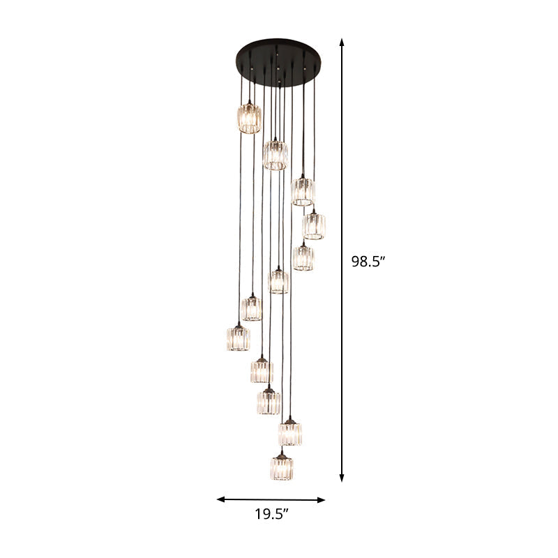 Contemporary Black Cylinder Crystal Pendant - 12 Light Hanging Lamp For Living Room