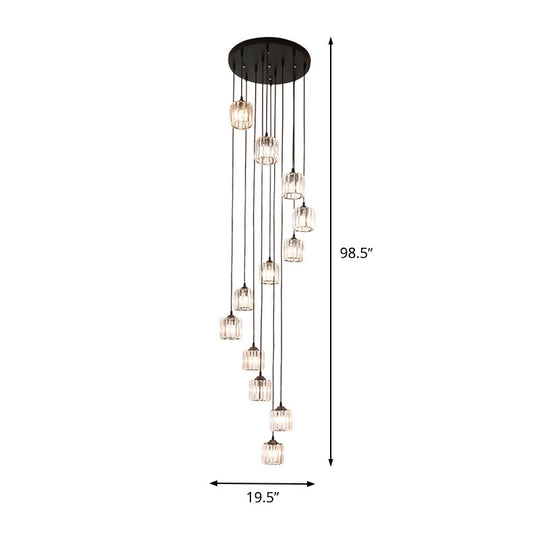Contemporary Black Cylinder Crystal Pendant - 12 Light Hanging Lamp For Living Room
