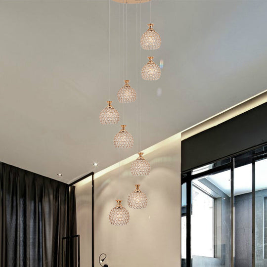 Modern Brass Suspension Pendant Lamp With 8 Crystal Dome Shades