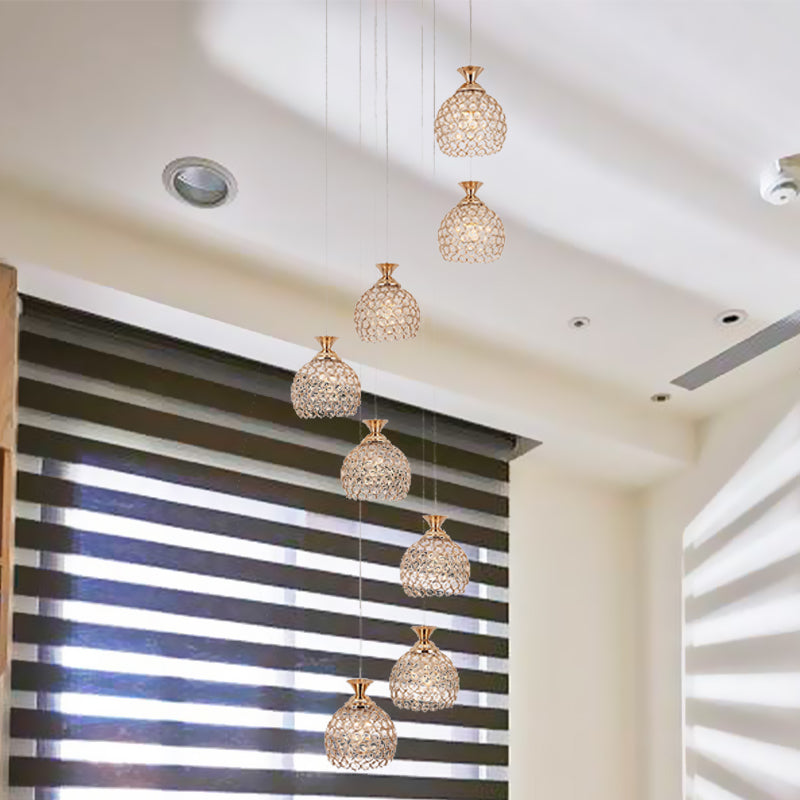 Modern Brass Suspension Pendant Lamp With 8 Crystal Dome Shades